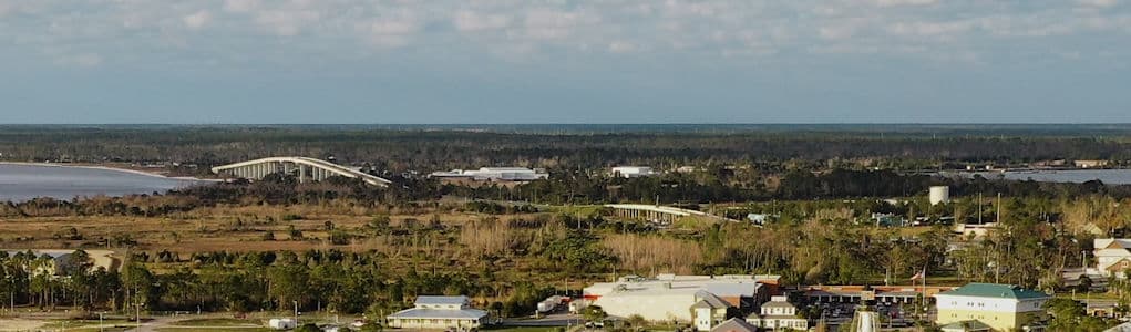 Aerial view of the North Port St. Joe neighborhood along the water in Port St. Joe, Florida